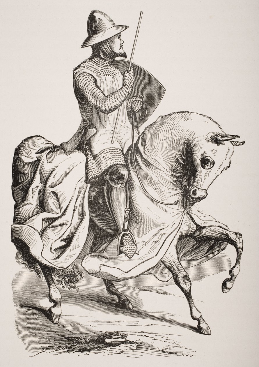Cavaleiro de Batalha, após uma miniatura em um Psalter do século XII, de &39;Le Moyen Age et La Renaissance&39;, de Paul Lacroix (1806-84), publicado em 1847 de French School