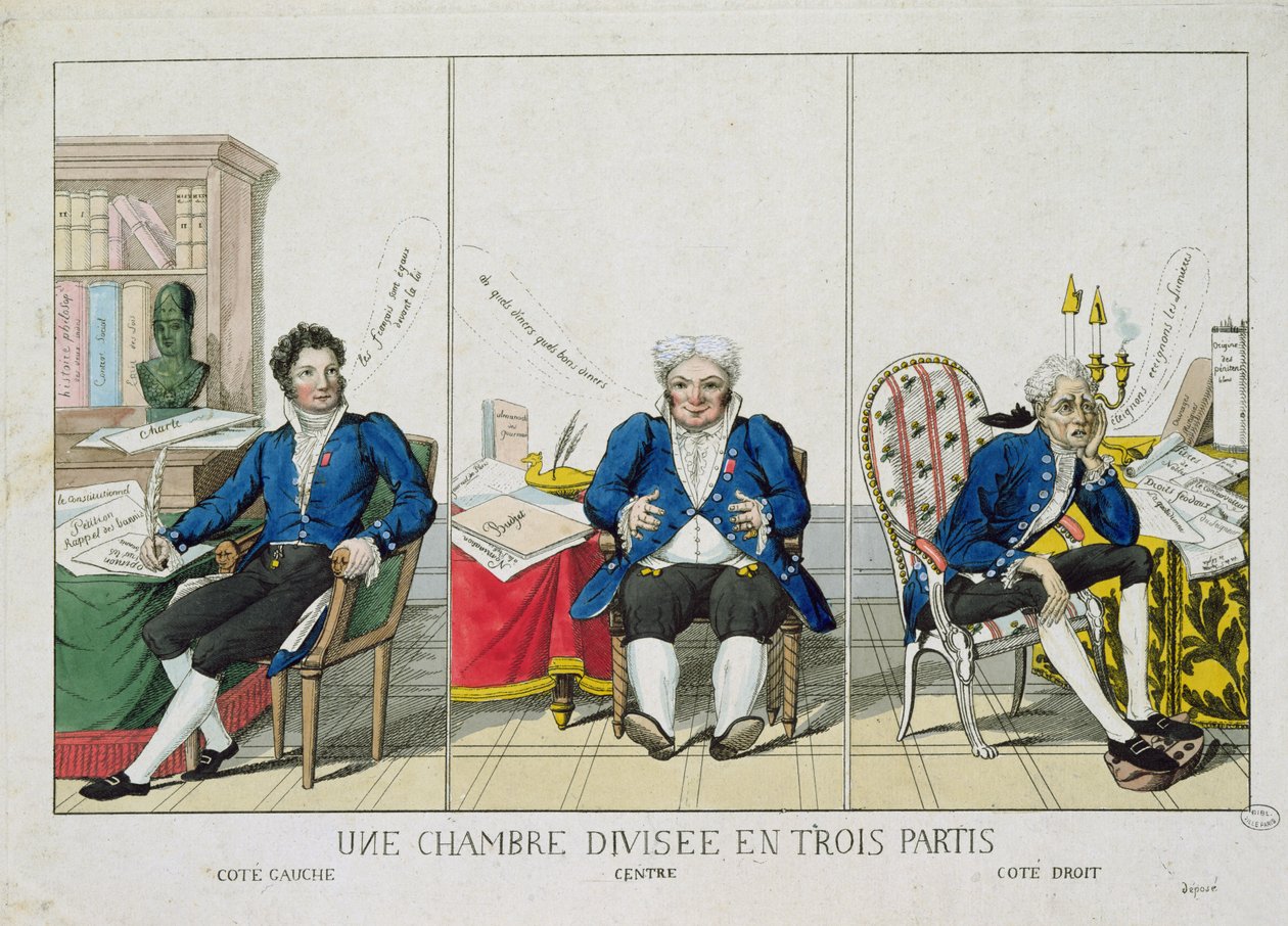 A Câmara dividiu-se em três partidos, caricatura da Assembléia Nacional, 1819 de French School