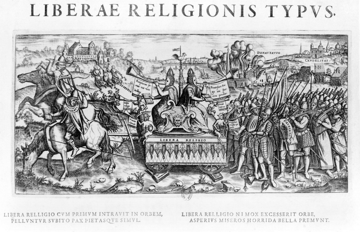 &39;Librae Religionis Typus&39;, alegoria sobre a reforma que descreve João Calvino (1509-64) e Martinho Lutero (1483-1546) de French School