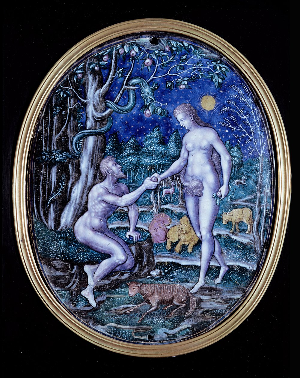 Placa de Limoges representando Adão e Eva, c.1570 (esmalte) de French School