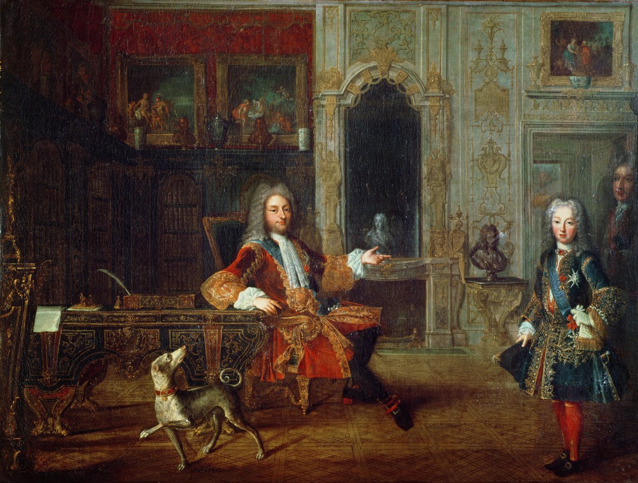 Luís XV (1710-74) e o Regente, Filipe II (1674-1723) Duque de Orleans no Estudo do Grande Delfim em Versalhes, c.1720 de French School