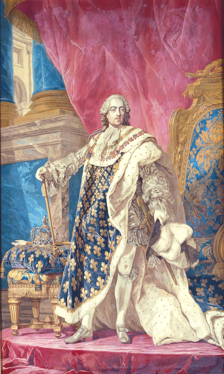 Luís XV (1710-74) em vestes de coroação (tapeçaria) de French School