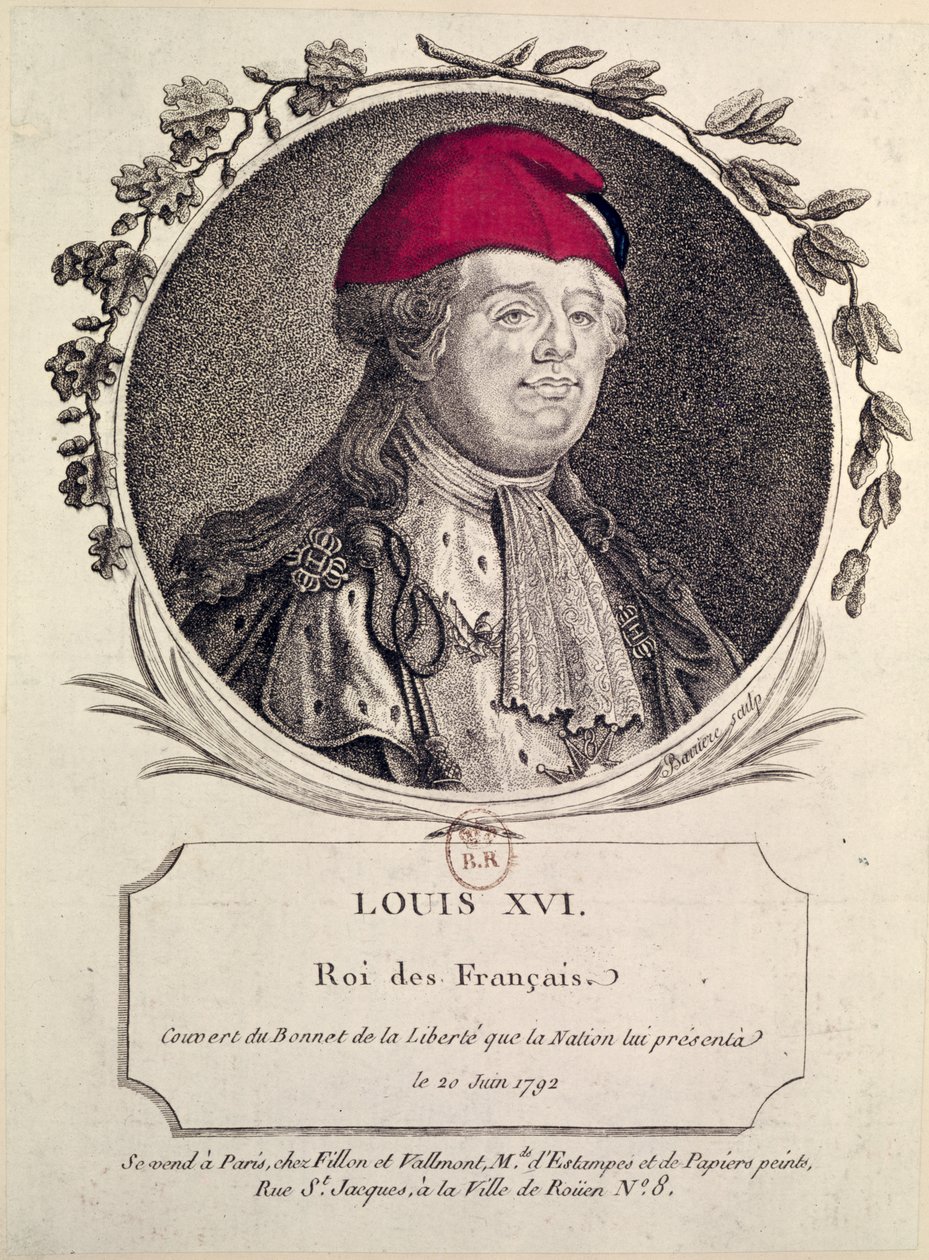 Luís XVI (1754-93) usando um chapéu frígio apresentado a ele pela nação, 20 de junho de 1792 de French School