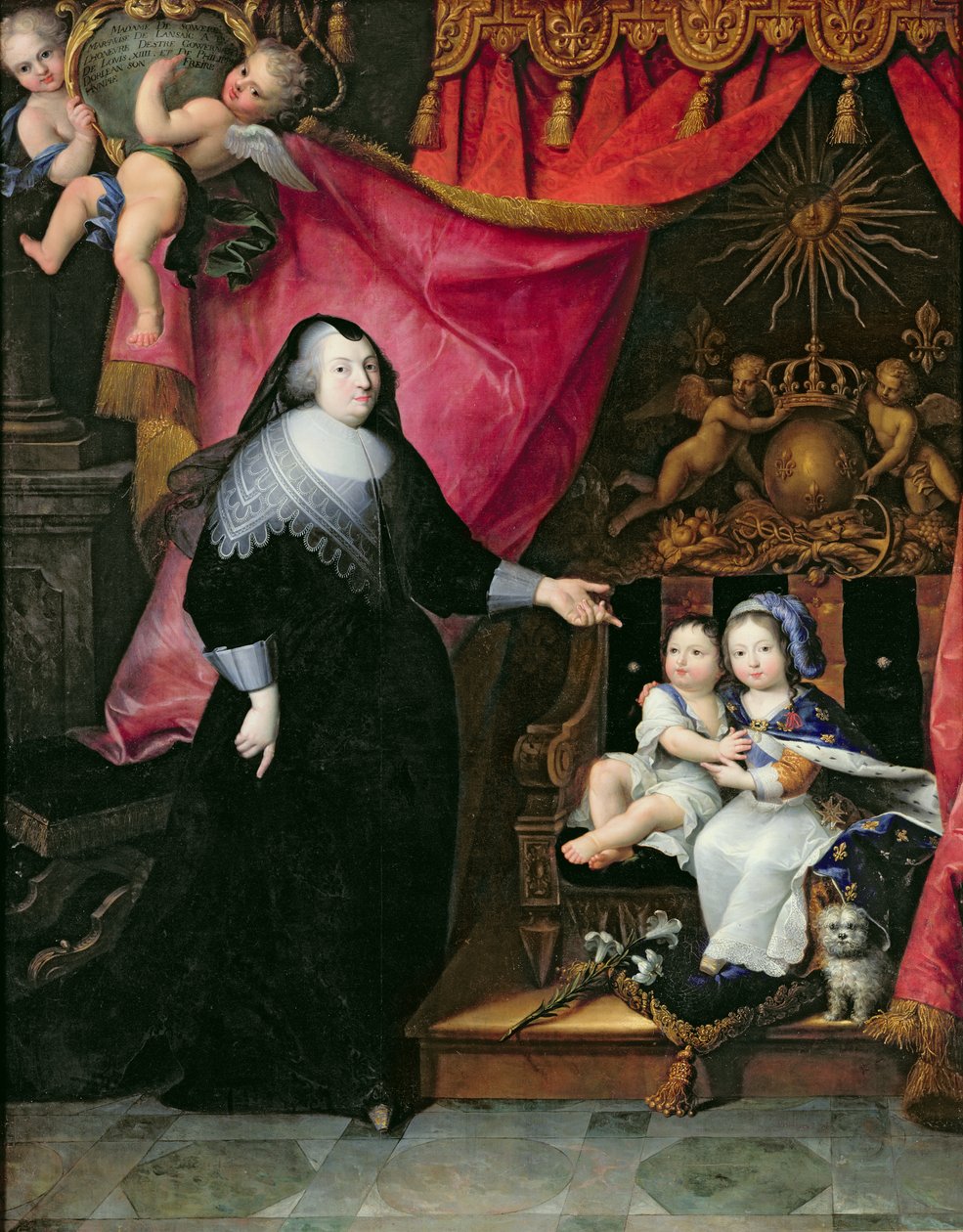 Madame de Lansac (1582-1657) e os Filhos da França, Luís XIV (1638-1715) e seu irmão Philippe de Orleans (1640-1701) depois de 1640 de French School