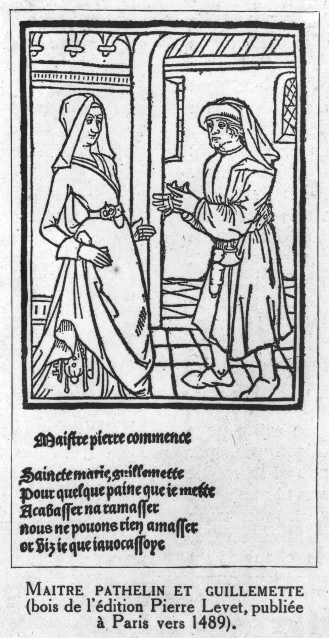 Maitre Pathelin e Guillemette, ilustração de &39;A farsa do mestre Pathelin&39;, c.1489 de French School