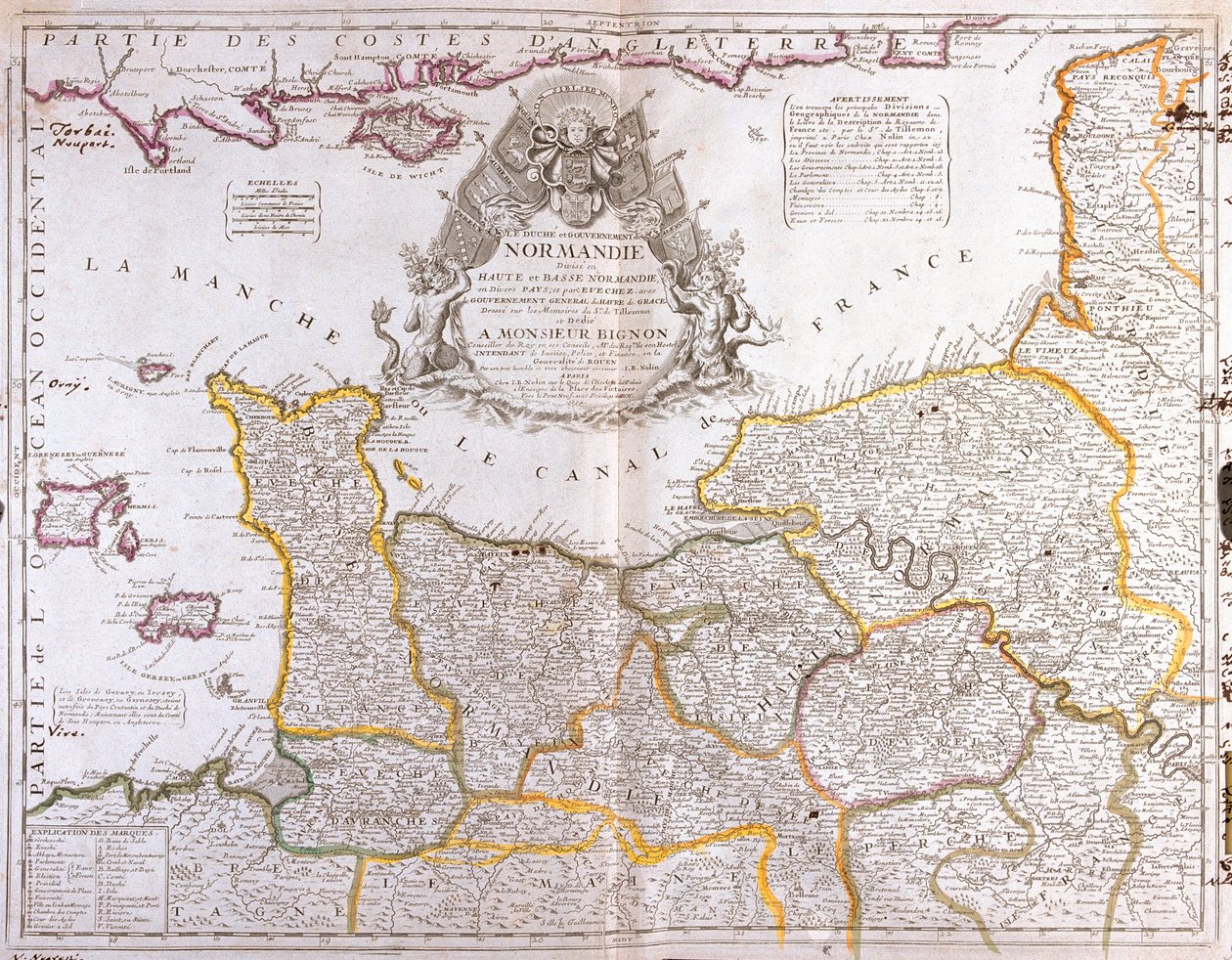 Mapa da Normandia, 1694, do Le Theatre du Monde, de Jean-Baptiste Nolin, publicado em 1717 (gravura colorida à mão) de French School