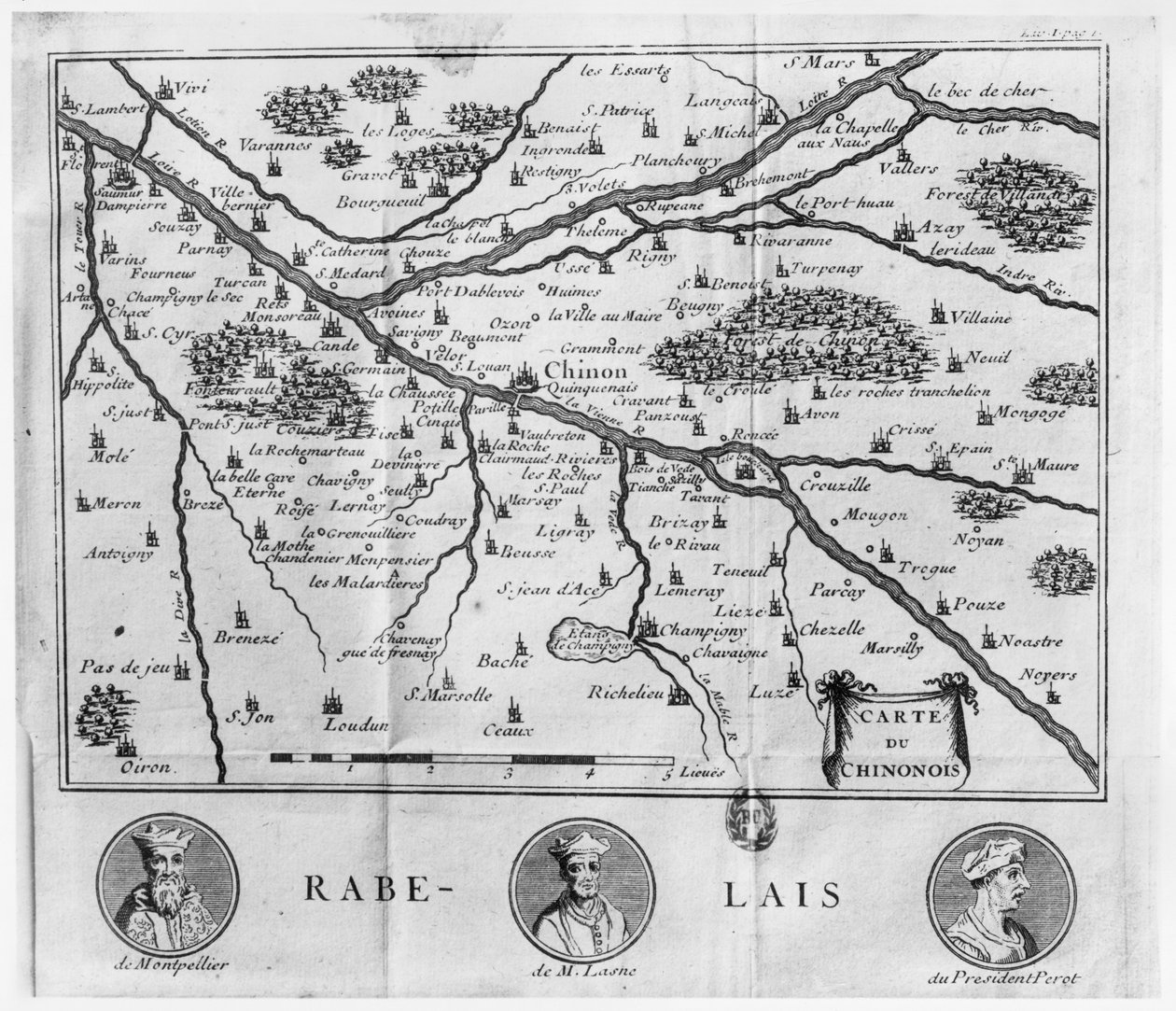 Mapa da região de Chinon relacionado com as obras de Francois Rabelais, publicado em 1725 de French School