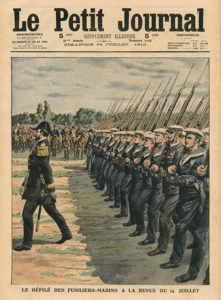 Fuzileiros navais em desfile na revisão de 14 de julho, ilustração de &39;Le Petit Journal&39;, suplemento ilustre, 24 de julho de 1910 de French School
