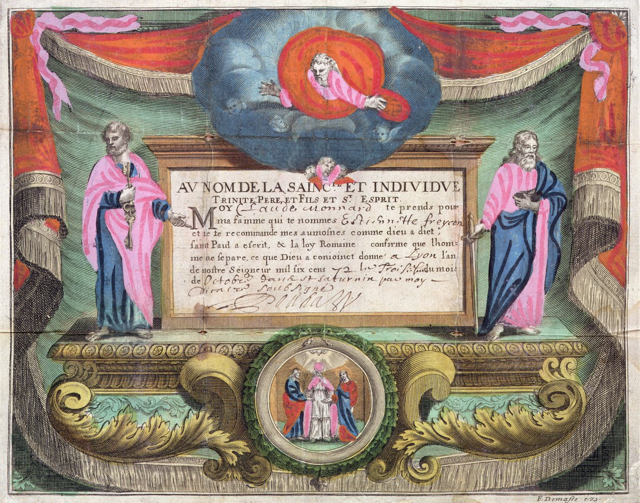 Certificado de casamento para Claude Monnard emitido em Lyon em 1672 de French School