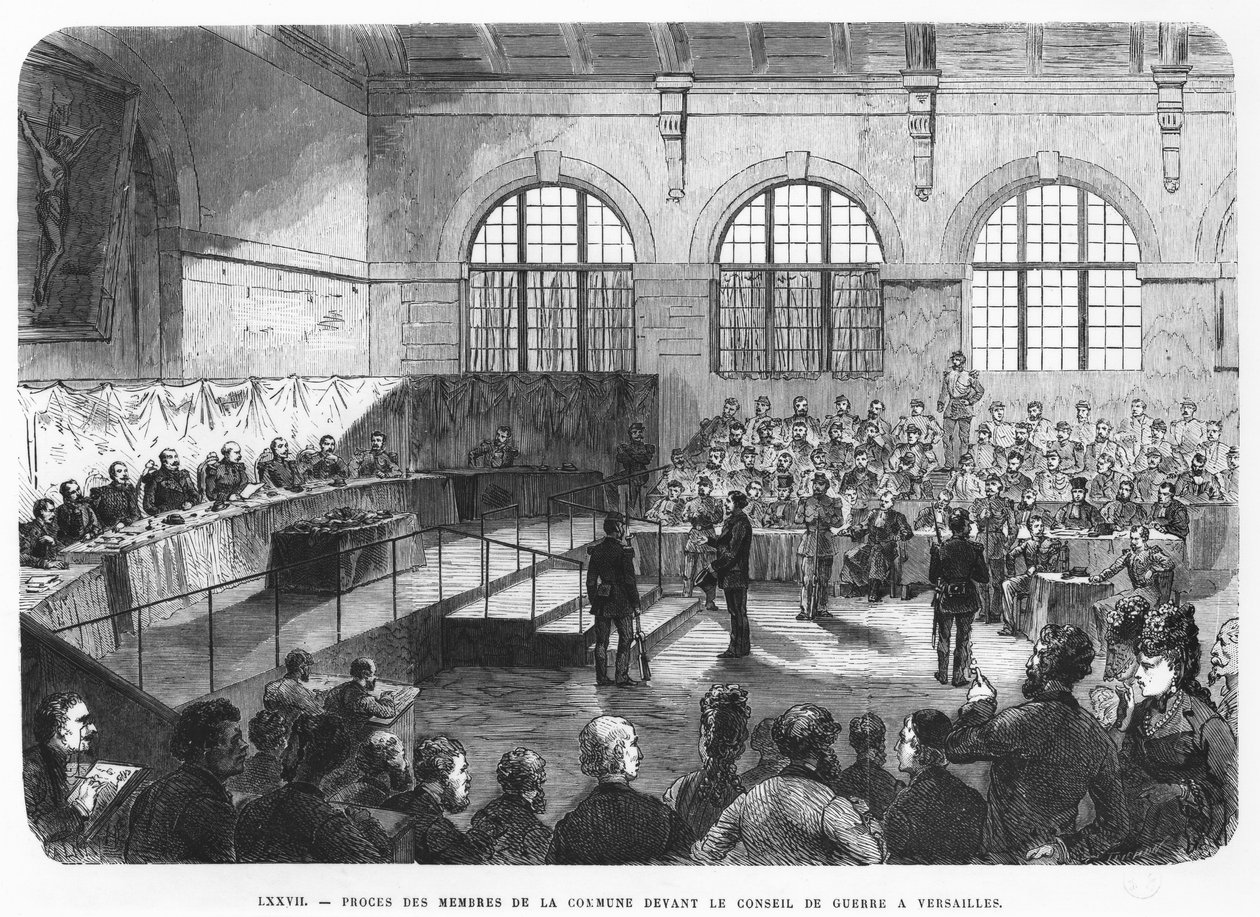 Membros da Comuna sendo tribunal marcial em Versalhes, 1872 de French School