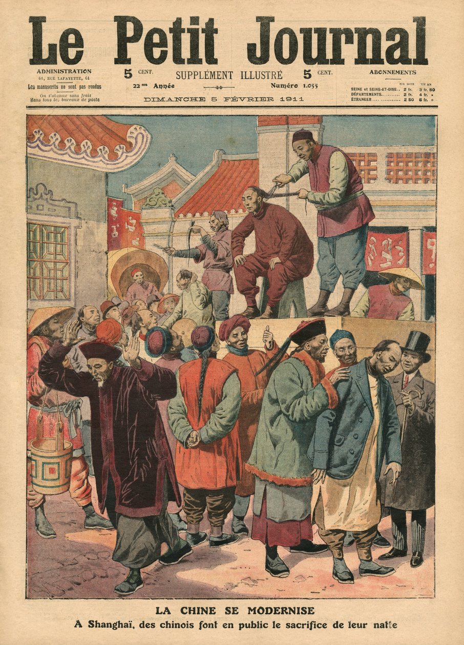 Modernização da China, com o rabo-de-porco cortado em Xangai, ilustração de "Le Petit Journal", suplemento ilustrado, 5 de fevereiro de 1911 de French School