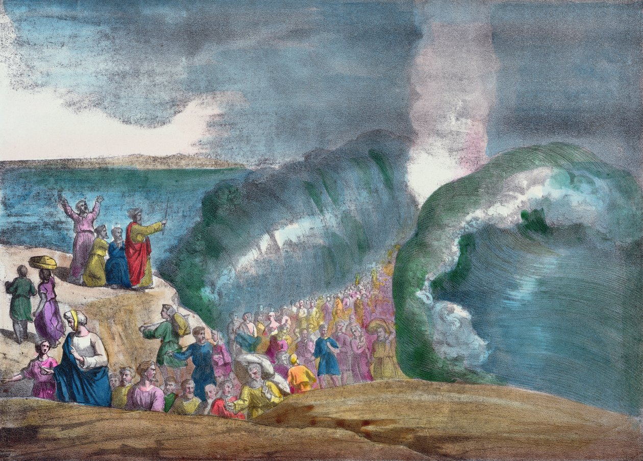 Moisés cruzando o mar vermelho (gravura de cor) de French School