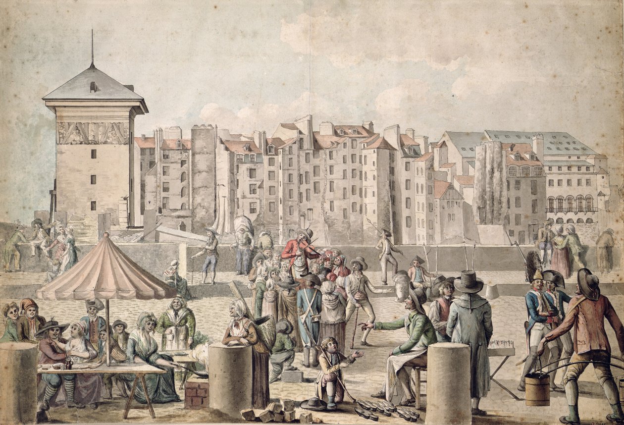 Mountebanks e Promenaders na Pont au Change, Paris c.1790 de French School