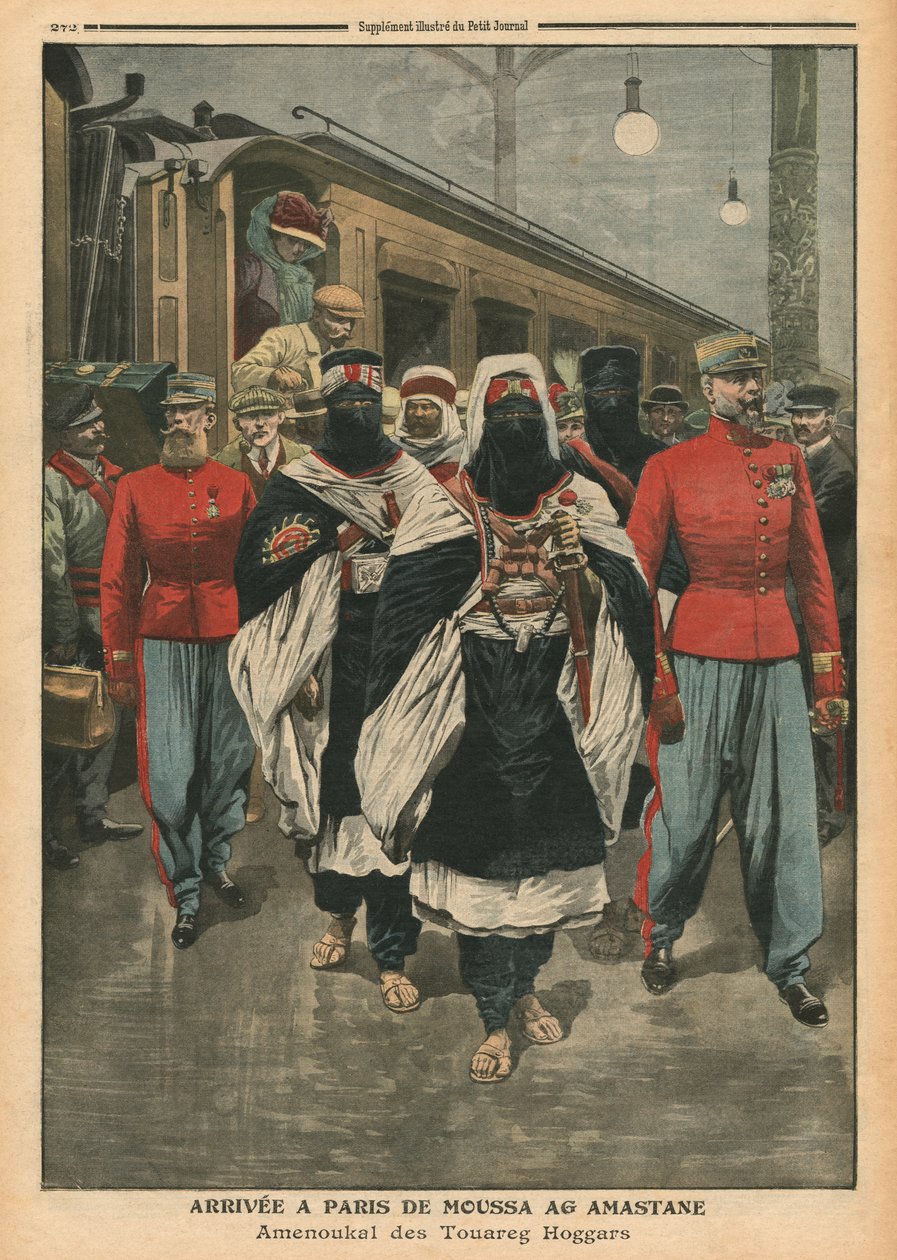 Moussa Ag Amastane chegando em Paris, ilustração de &39;Le Petit Journal&39;, suplemento ilustre, 21 de agosto de 1910 de French School