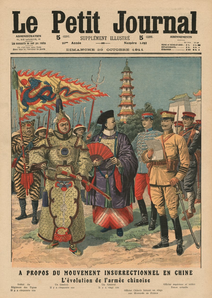 Movimento de revolta na China, evolução do exército chinês, ilustração de &39;Le Petit Journal&39;, suplemento ilustre, 29 de outubro de 1911 de French School