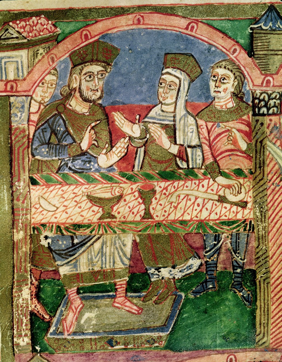 Ms 250 f.24r St. Radegund (518-87) na mesa de Clothar I (497-561) da Vida de St. Radegund (detalhe de 173477) de French School