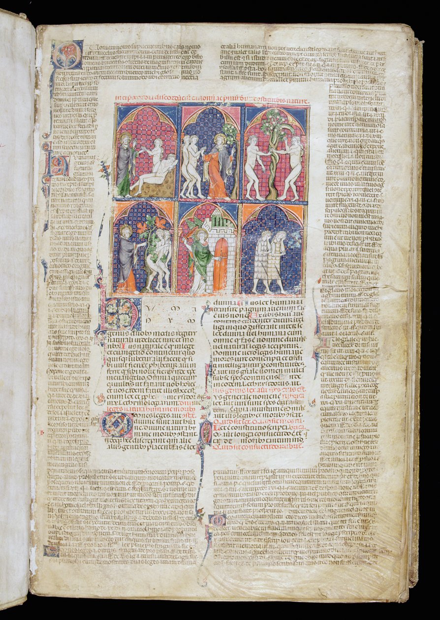 Ms. 262, f.1r: Seis cenas de criação e queda do Decretum de Gratian, c.1300 de French School