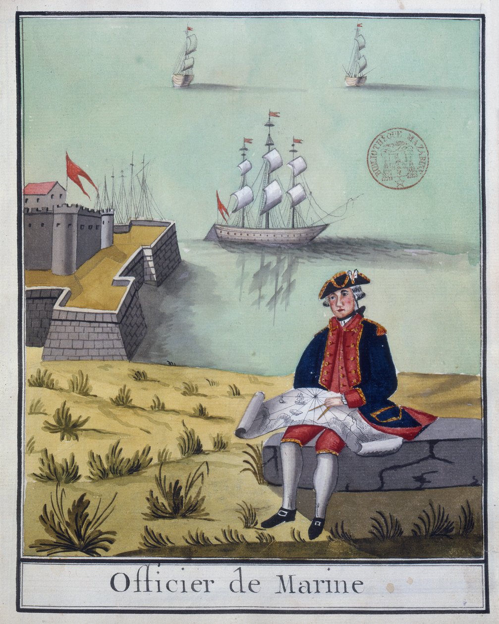 Ms 2848 The Marine Officer, de uma série de trajes militares franceses, 1768 (wc no papel) de French School