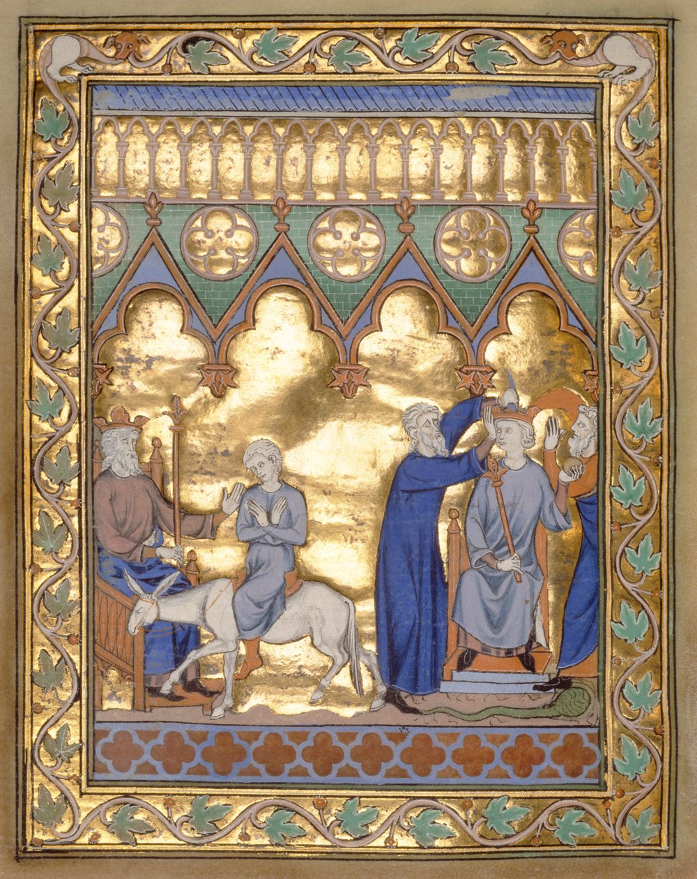 Ms 300 f.5v Coroação de Salomão, do Saltério e Horas de Isabella da França, Paris, c.1260 (folha de ouro em têmpera em pergaminho) de French School