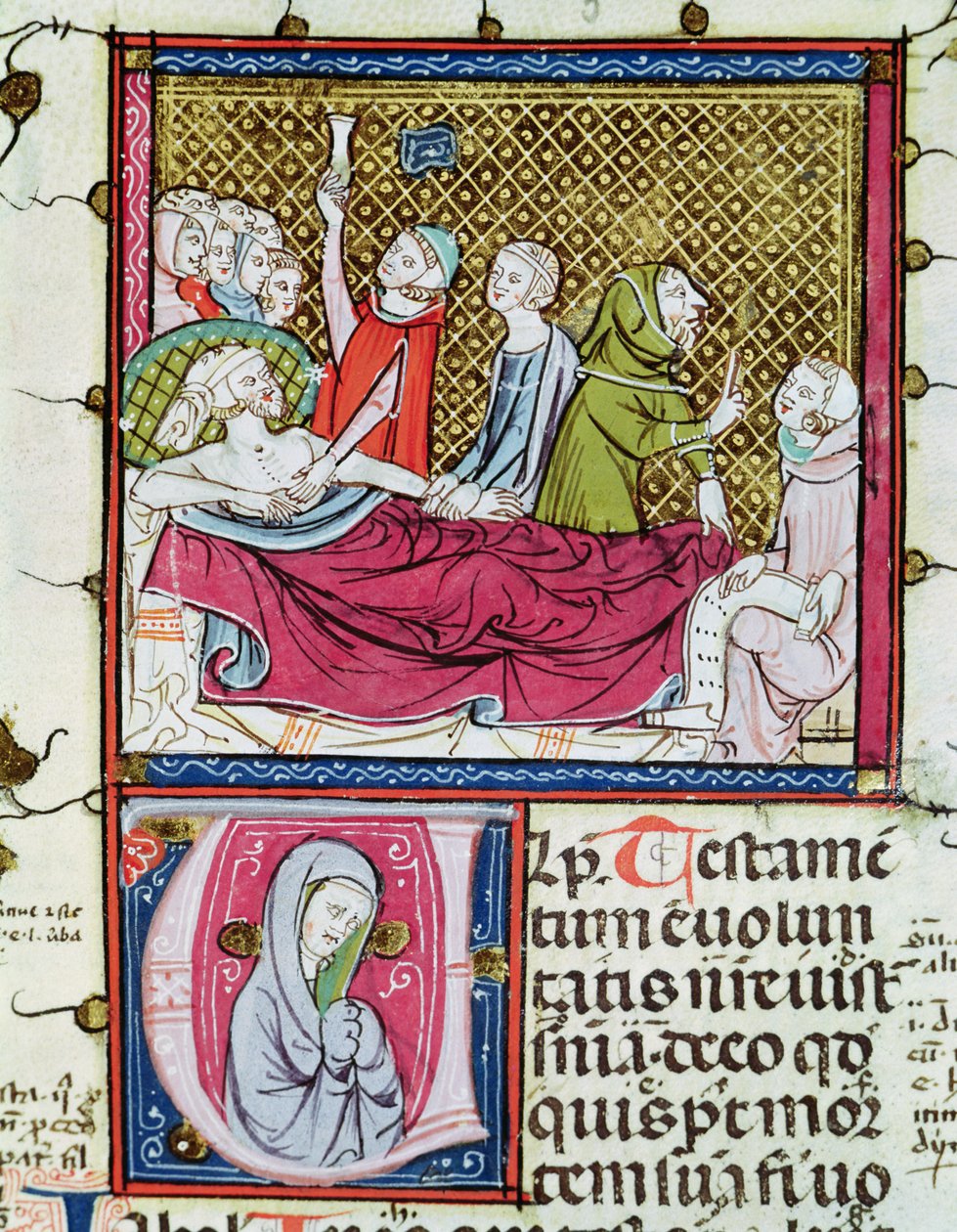 Ms. 3076 fol.56r Homem moribundo cercado por médicos e familiares, ditando sua vontade, de &39;Justiniano em Fortiatum&39; de French School