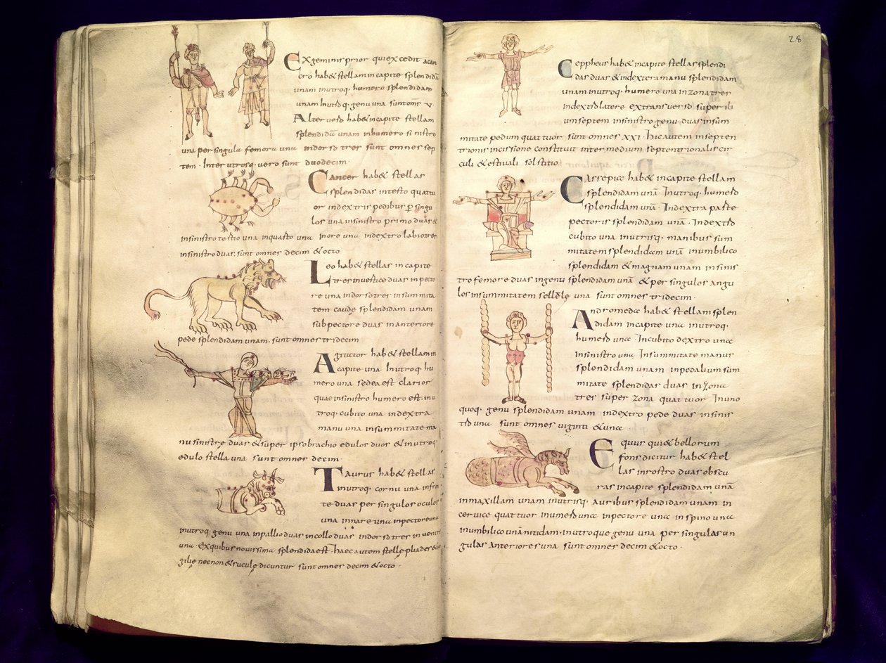 Ms 422 Fol.27v und 28r Caminho da lua através das constelações, de &39;De Natura Rerum&39; por Isidore de Sevilha de French School