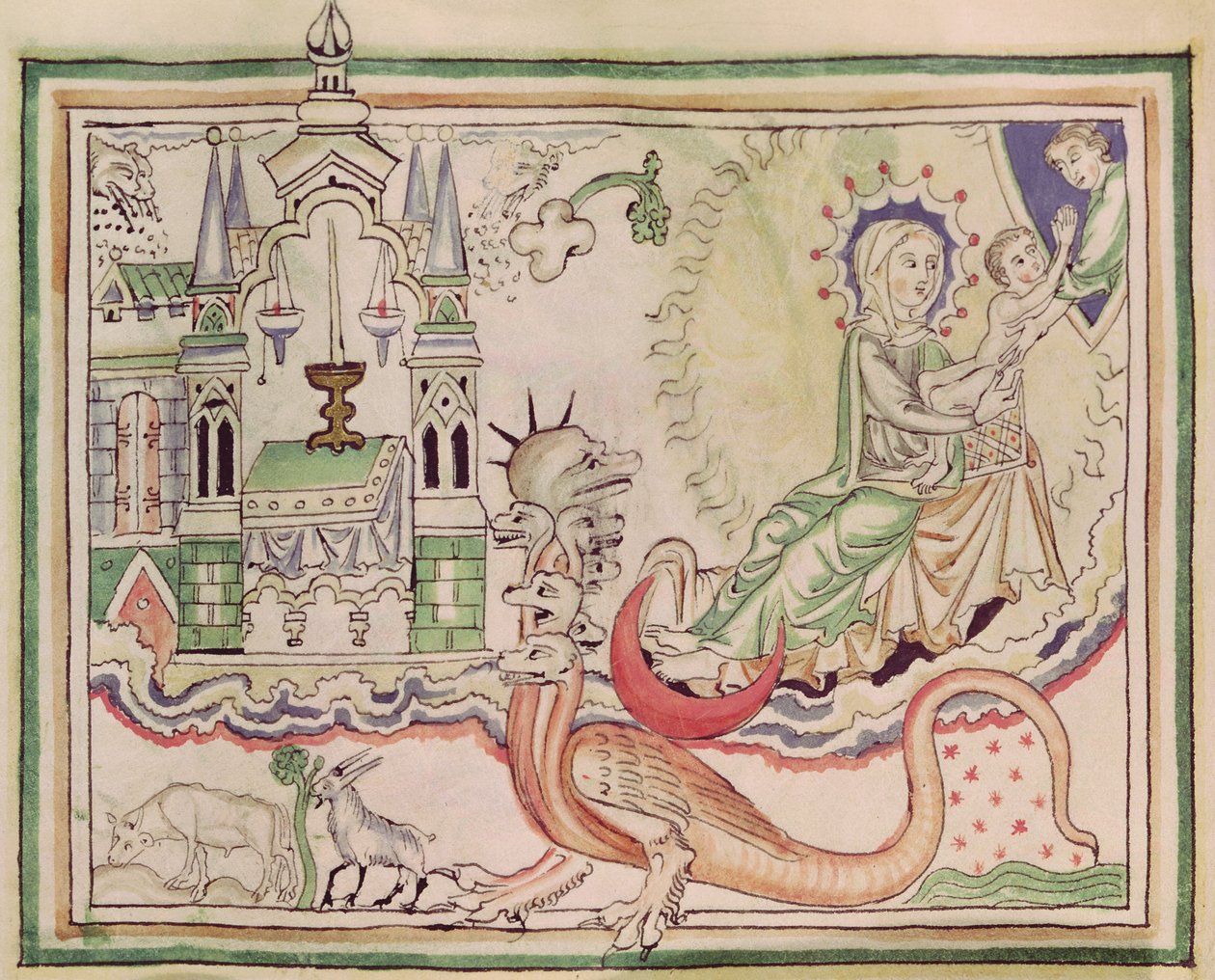 Ms 422 fol.47r A mulher entregue de uma criança e o monstro de sete cabeças de French School