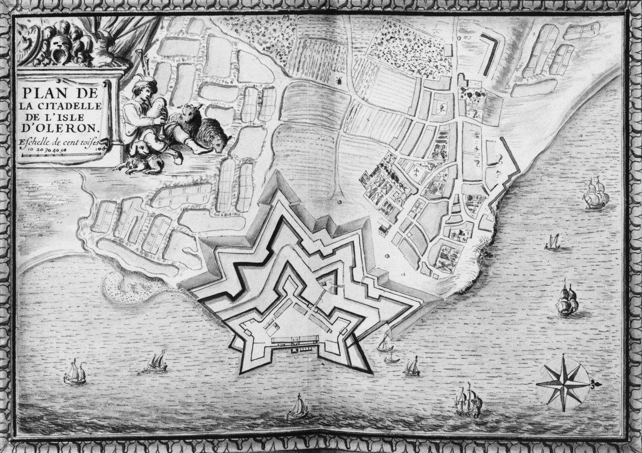 Ms 4418 T II Mapa 16, Plano da Cidadela da Ilha de Oleron, Compêndio dos Planos das Praças da França, 1676 (lápis e wc no papel) de French School