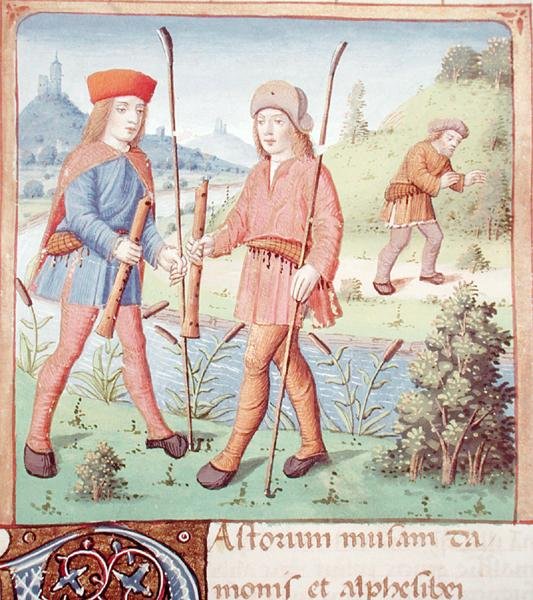 Ms 493 fol.14 Shepherds por um rio, de The Eclogues por Virgil com um comentário de Servius, 1469 de French School