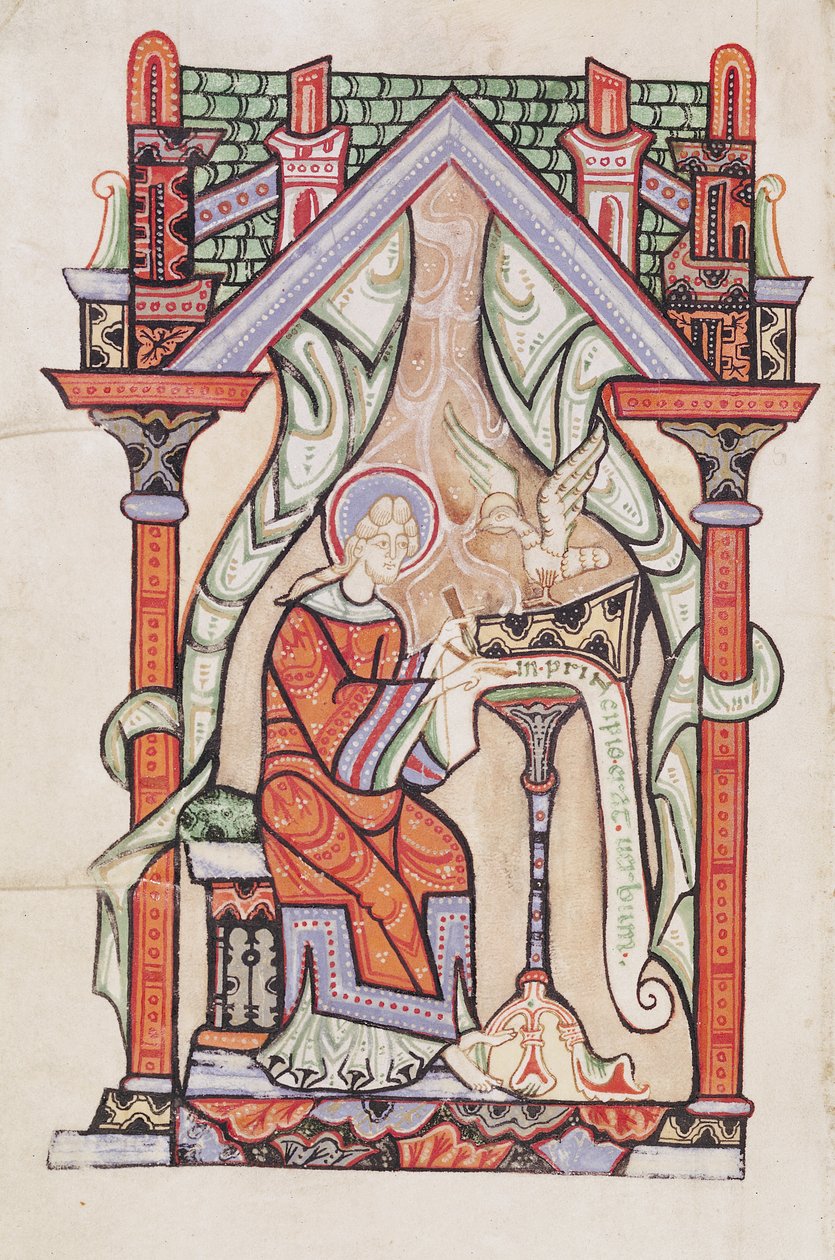 Ms 75 fol.63v São João Evangelista, dos Evangelhos segundo São Mateus e São João, da Abadia de São Amand de French School
