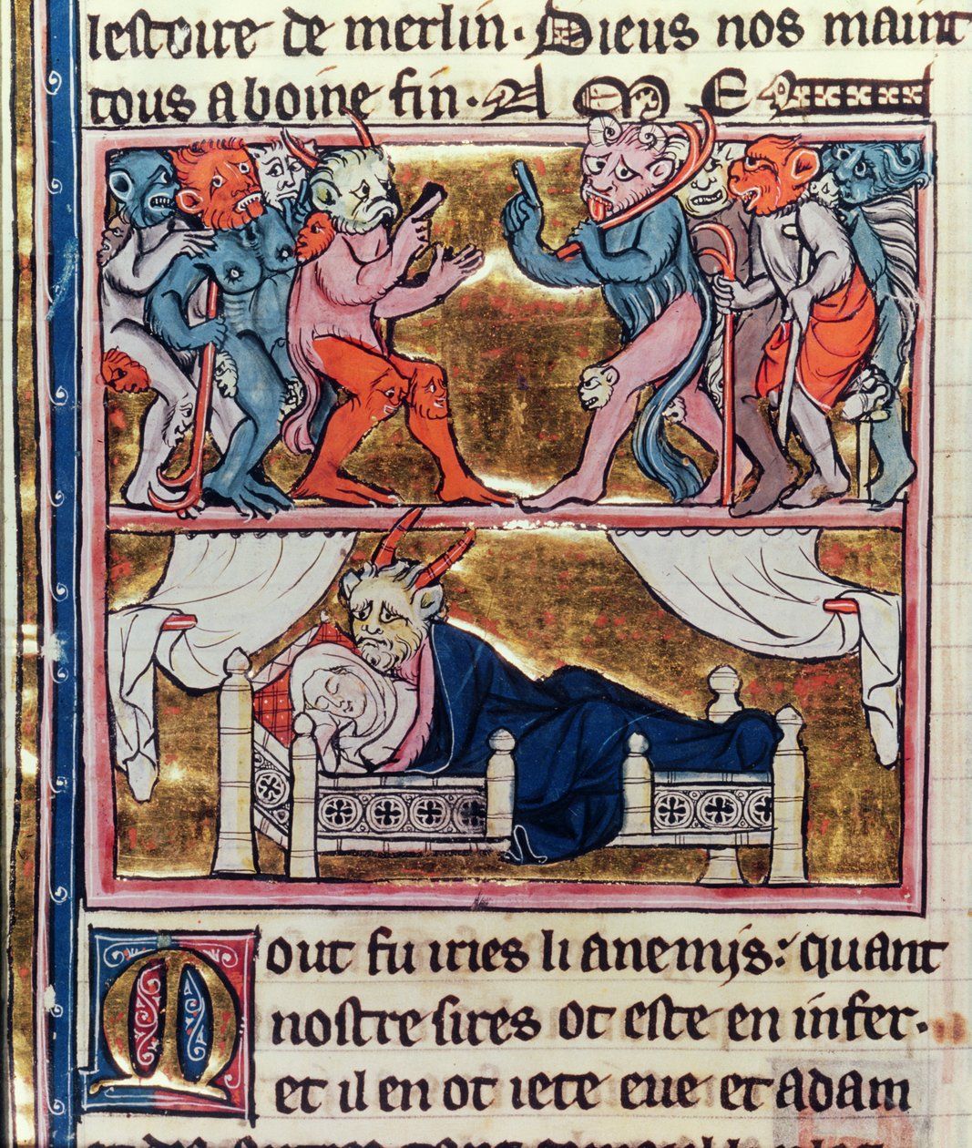 A Senhora Fr. 95 fol.113v Conselho de Demônios, de &39;A História de Merlin&39;, c.1280-90 de French School