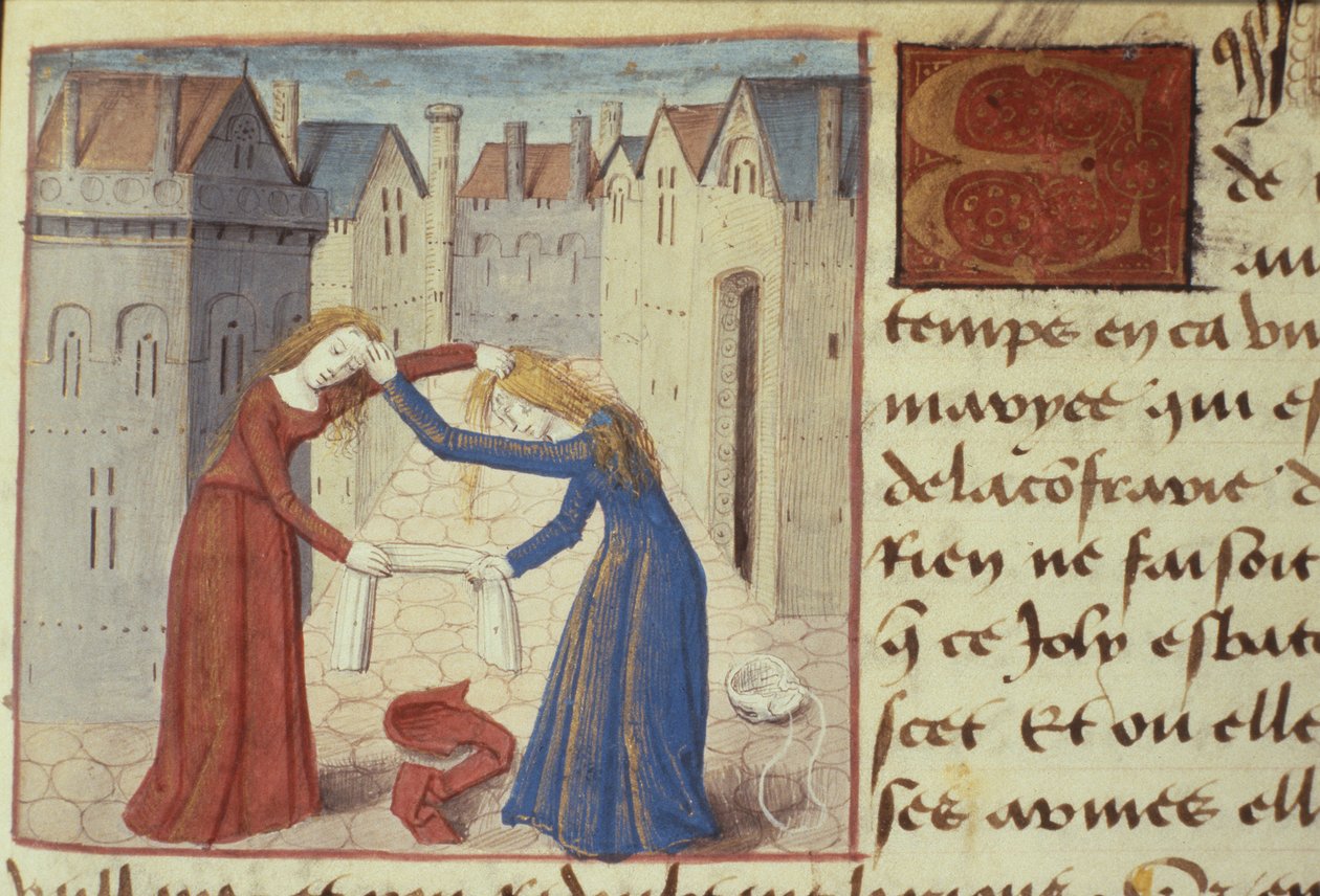 Ms Hunter 252 f.186r Duas mulheres brigando, de Hundred News News, 1462 de French School