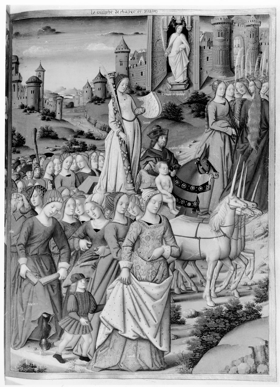 Ms.Fr.594 fol.102 O triunfo da castidade e da razão, de &39;Les Triomphes&39; por Petrarca (1304-74) 1503 de French School