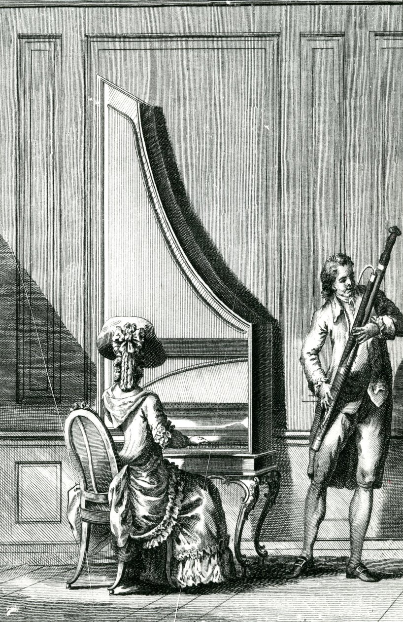 Músicos tocando uma clavicord ereta e um fagote de French School