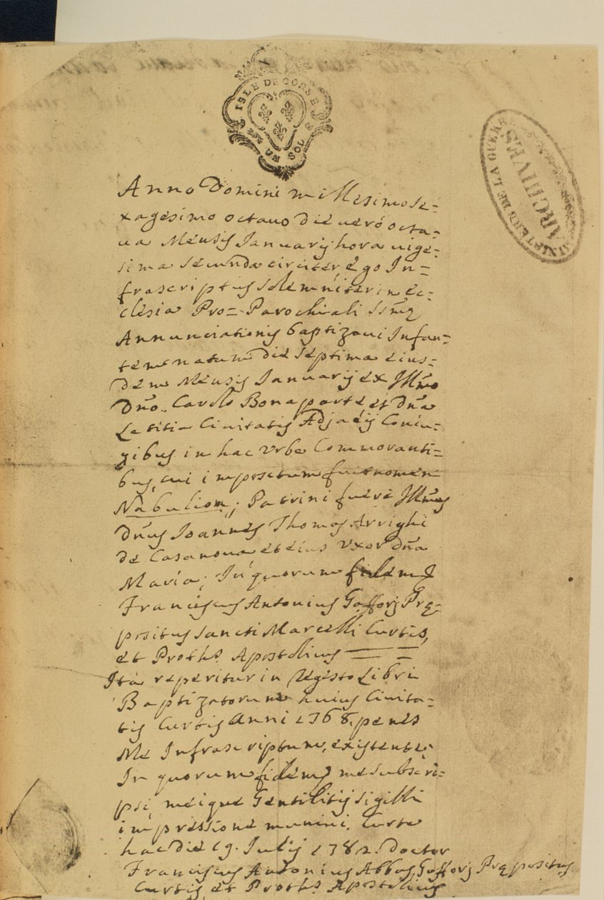 Certidão de Nascimento de Napoleão, 1769 de French School