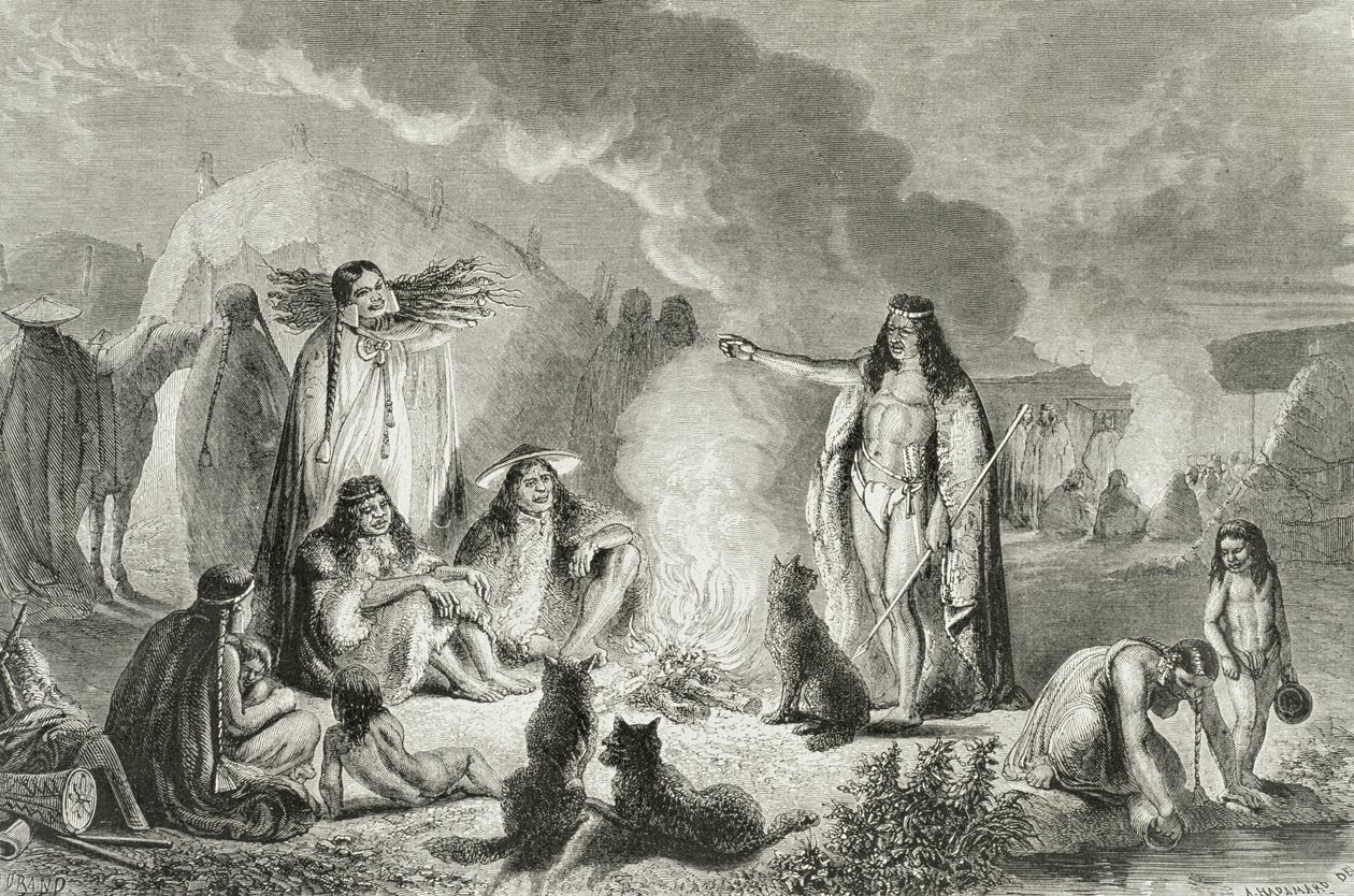 Patagônios nativos na década de 1850, do &39;Le Tour du Monde&39;, publicado em Paris, na década de 1860 de French School