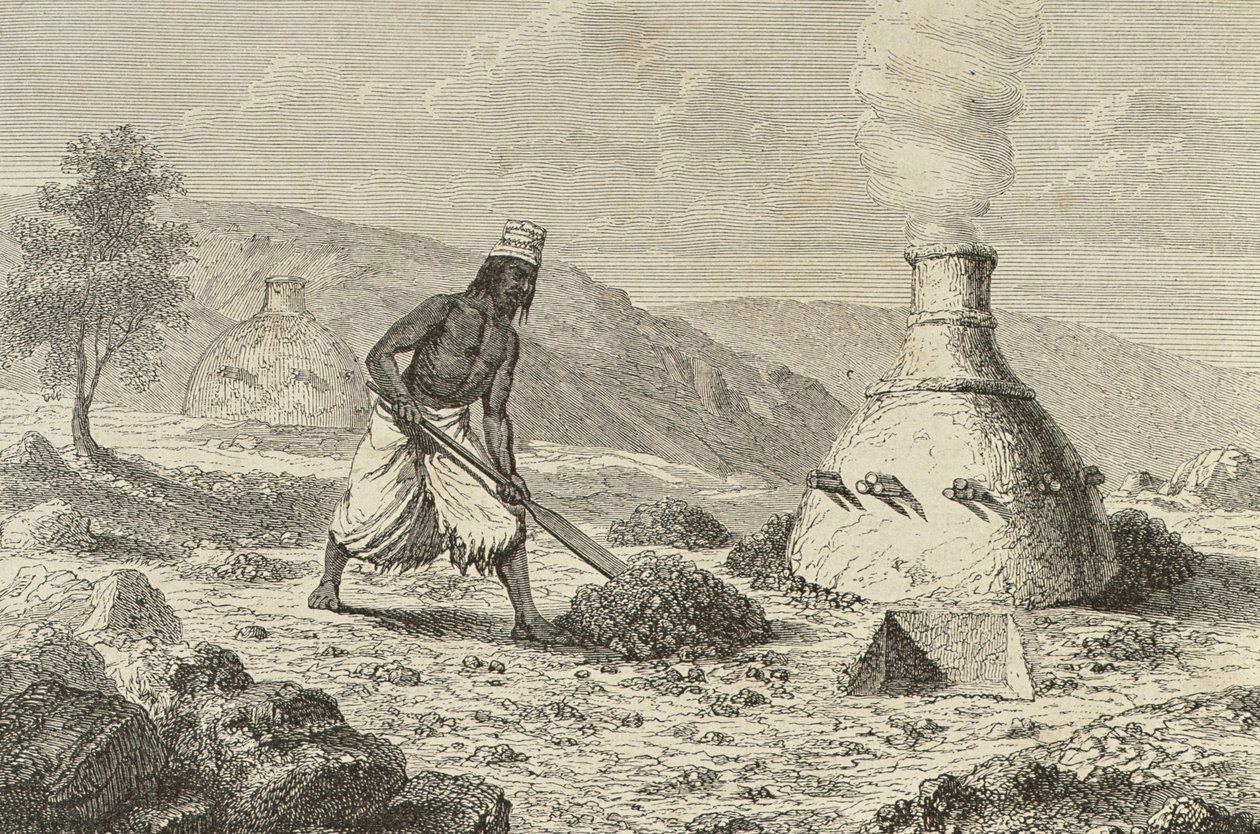 Minério de ferro de fundição nativa em Fouta Djallon, Guiné, década de 1850, de "The Tour of the World", publicado em Paris, década de 1860 de French School