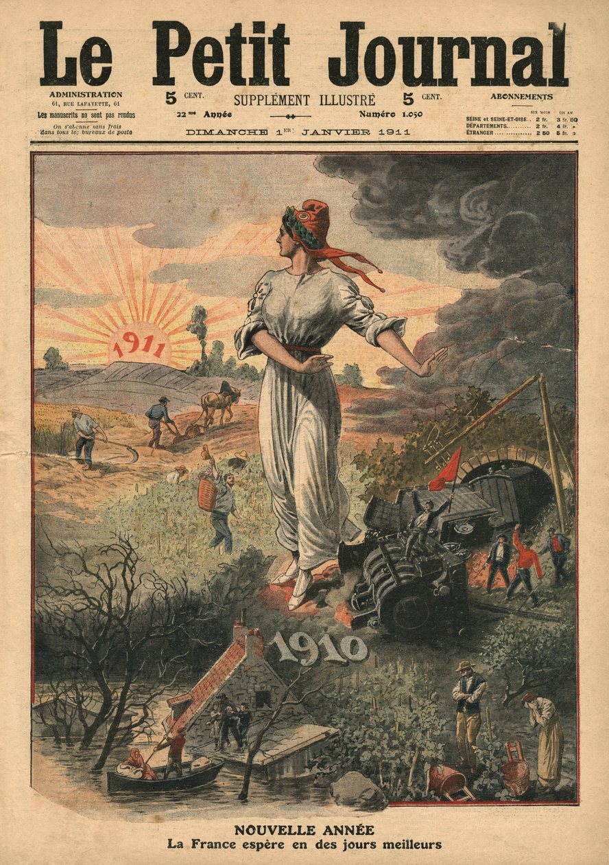 Ano Novo, França espera por melhores dias, ilustração do &39;Le Petit Journal&39;, 1 de janeiro de 1911 de French School