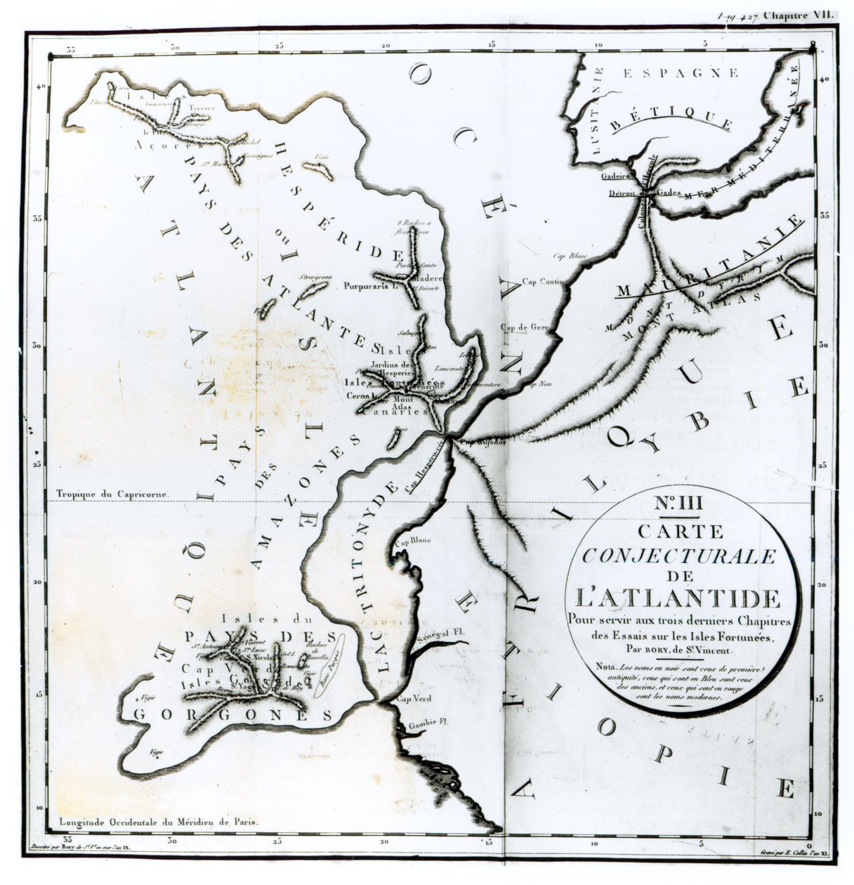 Não. III Mapa Conjectural da Ilha da Atlântida, desenhado por Bory de São Vicente e gravado por E. Collin de French School