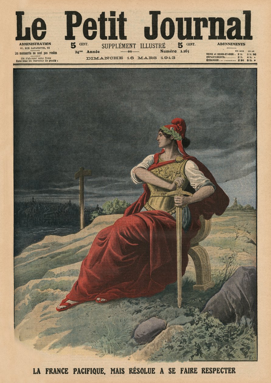 Não apenas a França é pacifista, mas determinada a ser respeitada, ilustração da capa do "Le Petit Journal", suplemento ilustrado, 16 de março de 1913. de French School