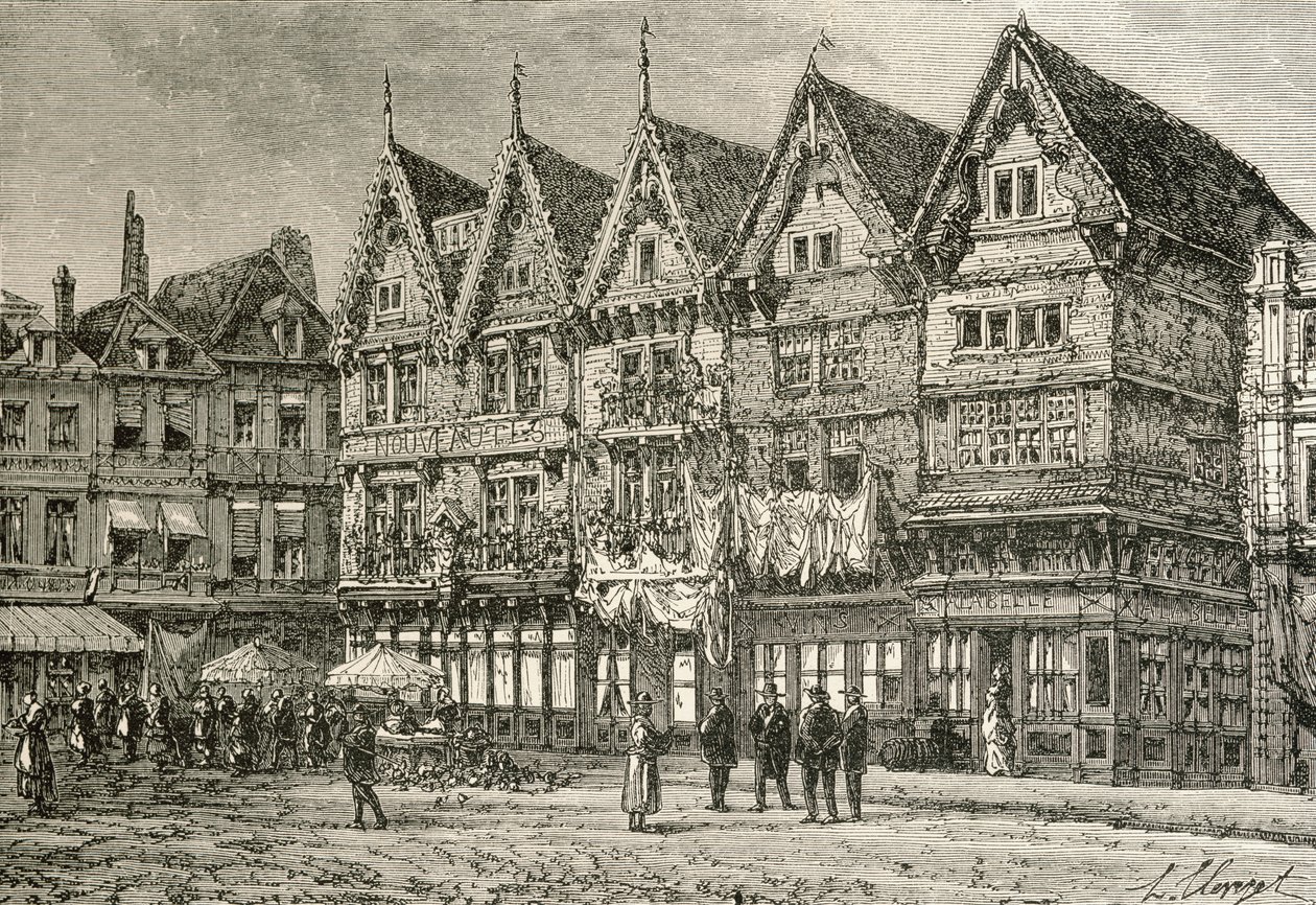 Casas antigas em Valenciennes, França, no século 19, de "Imagens francesas" pelo Rev. Samuel G. Green, publicado em 1878 de French School