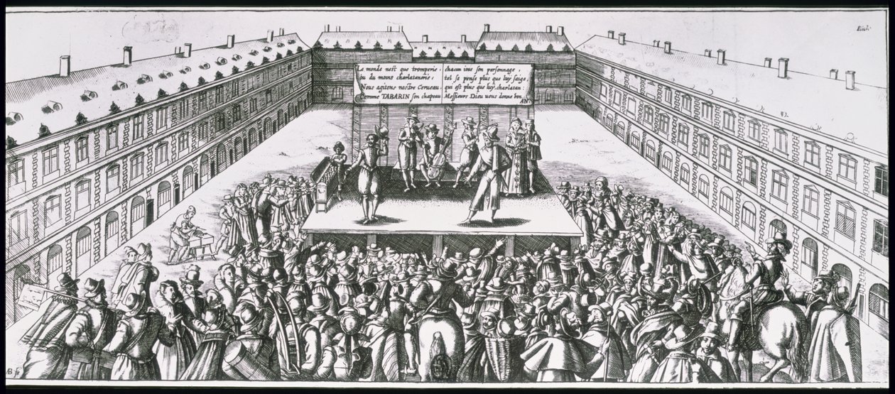 Performance Teatral ao ar livre com Antoine Firard (1584-1633), conhecido como Tabarin, no Palco de French School