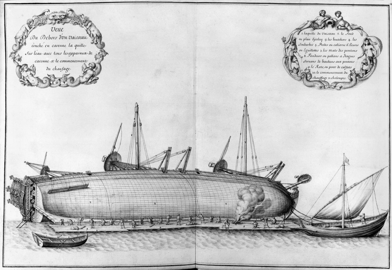 Fora de um navio deitado no seu casco, ilustração do "Atlas de Colbert", placa 41 (lápis e wc no papel) de French School