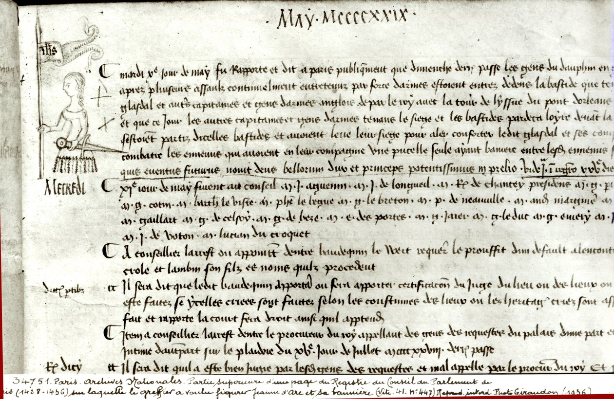 Página de "O Registo do Conselho do Parlamento de Paris" representando Joana d&39;Arc (c.1412-31), 10 de maio de 1429 de French School