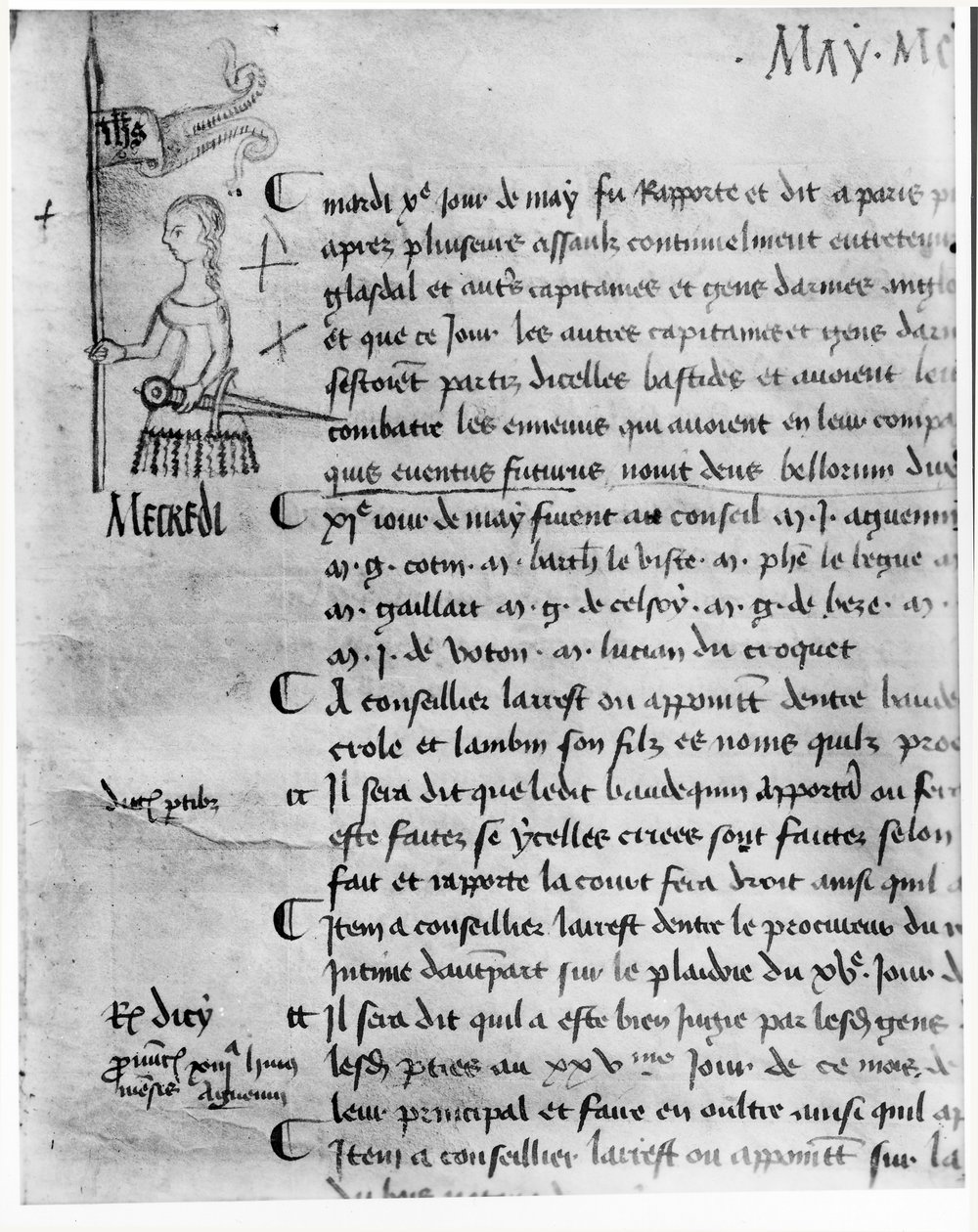 Página de "O Registo do Conselho do Parlamento de Paris" representando Joana d&39;Arc (c.1412-31), 10 de maio de 1429 de French School
