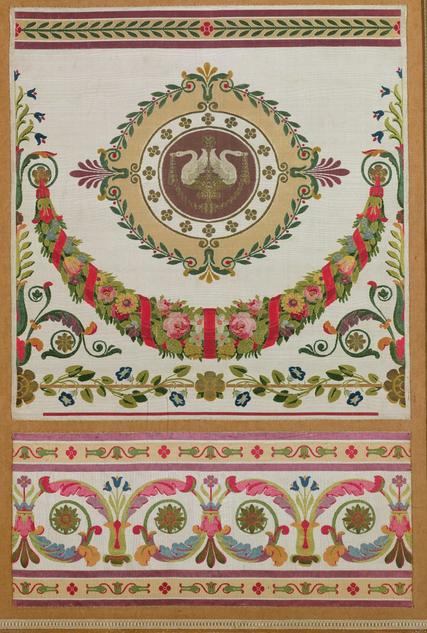 Painel de seda com uma guirlanda de flores e cisnes de Pernon, Lyons (seda) de French School