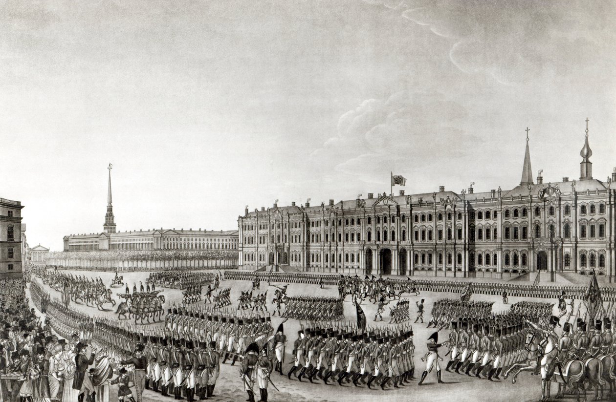 Desfile em frente ao Palácio Imperial, São Petersburgo, 1812 de French School