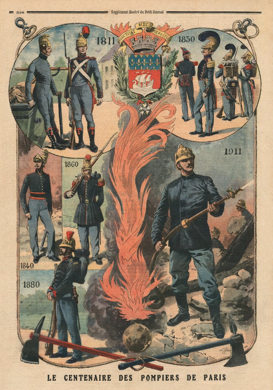 Centenário dos bombeiros de Paris, ilustração de &39;Le Petit Journal&39;, suplemento illustre, 8 de outubro de 1911 de French School