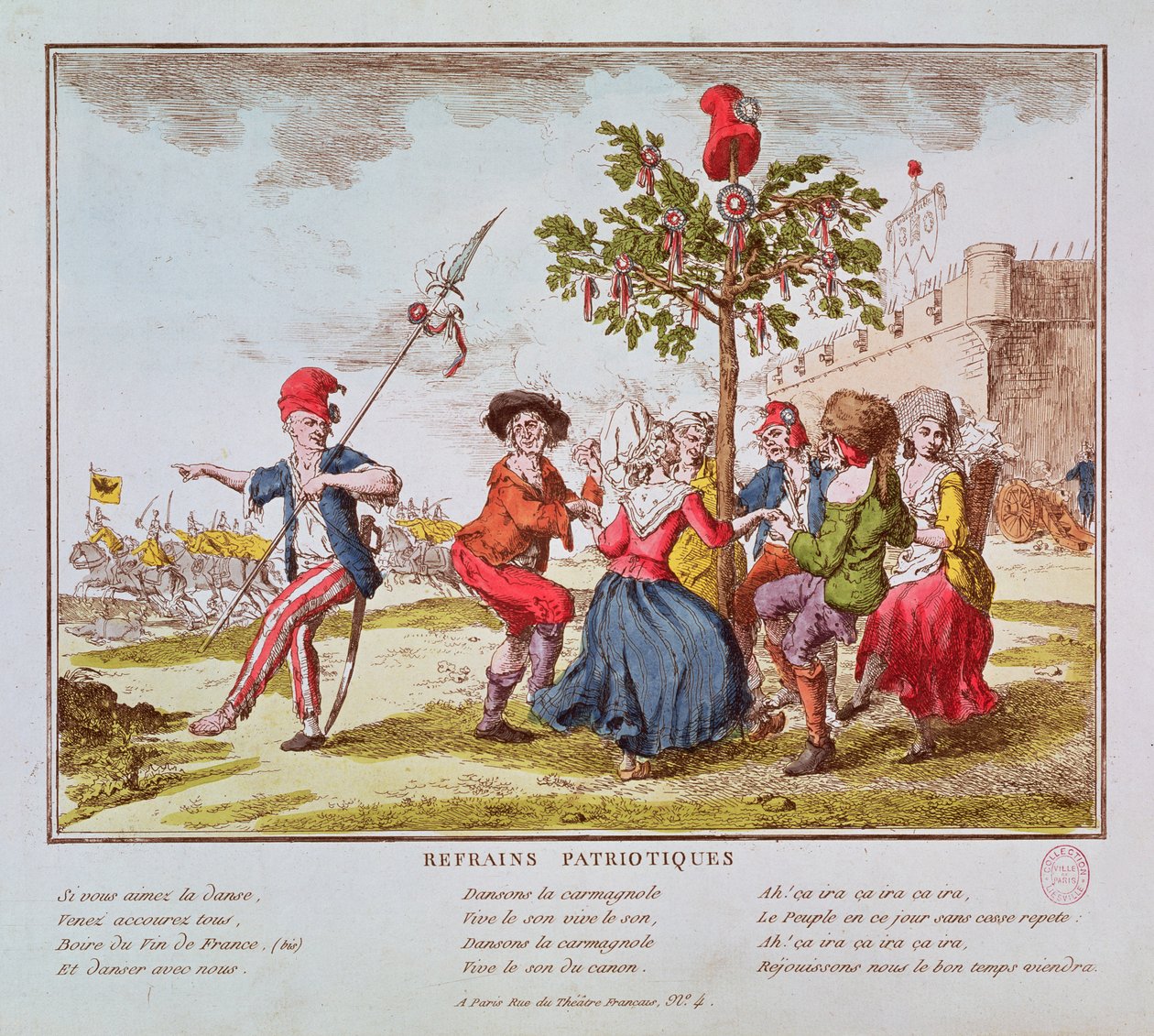 Refúgios patrióticos: revolucionários franceses dançando o carmagnole em torno da árvore da liberdade, c.1792 de French School