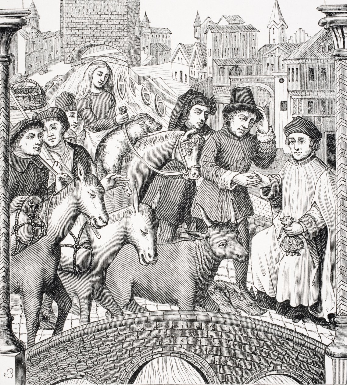 Pagando o pedágio em uma ponte, de "A Idade Média e o Renascimento" por Paul Lacroix (1806-84) publicou 1847 de French School