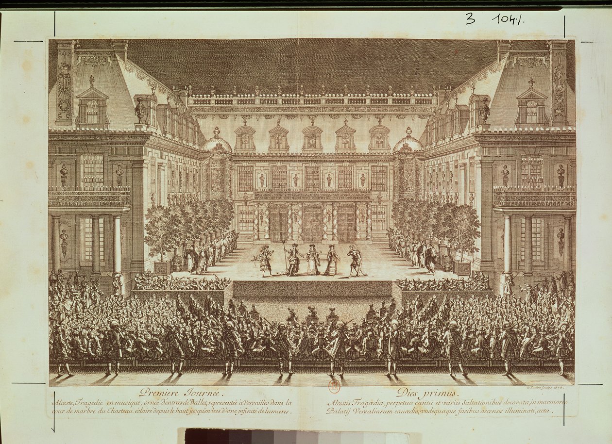 Execução da ópera &39;Alceste&39;, realizada no pátio de mármore do Chateau de Versailles, gravado por Antoine Le Pautre (1621-91) 1676 de French School